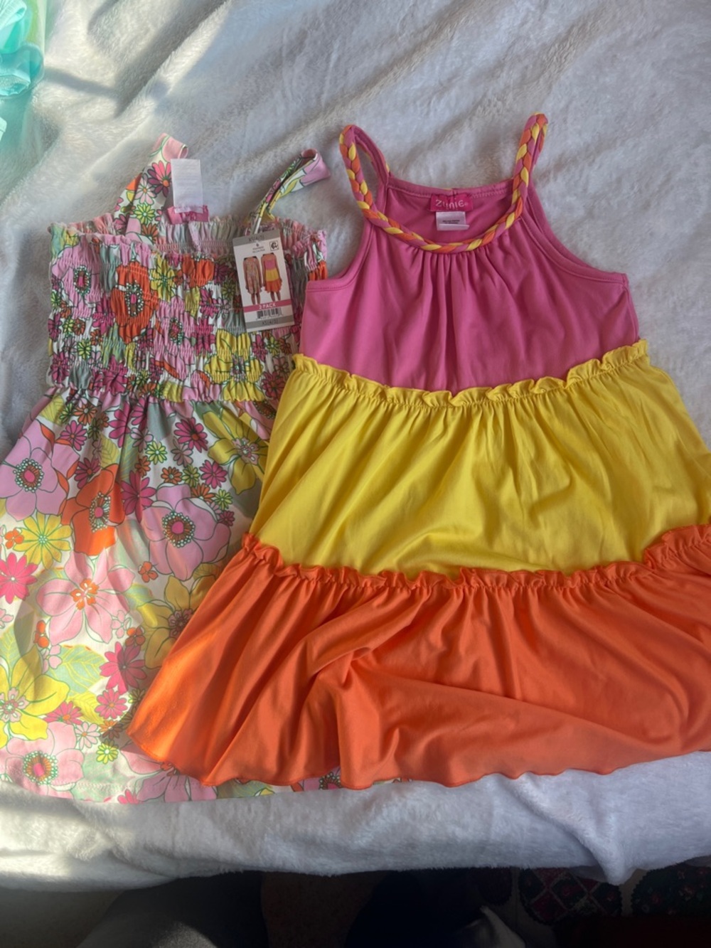 Zunie Girls Pink Yellow Orange Tiered Dress & Floral Sundress Set